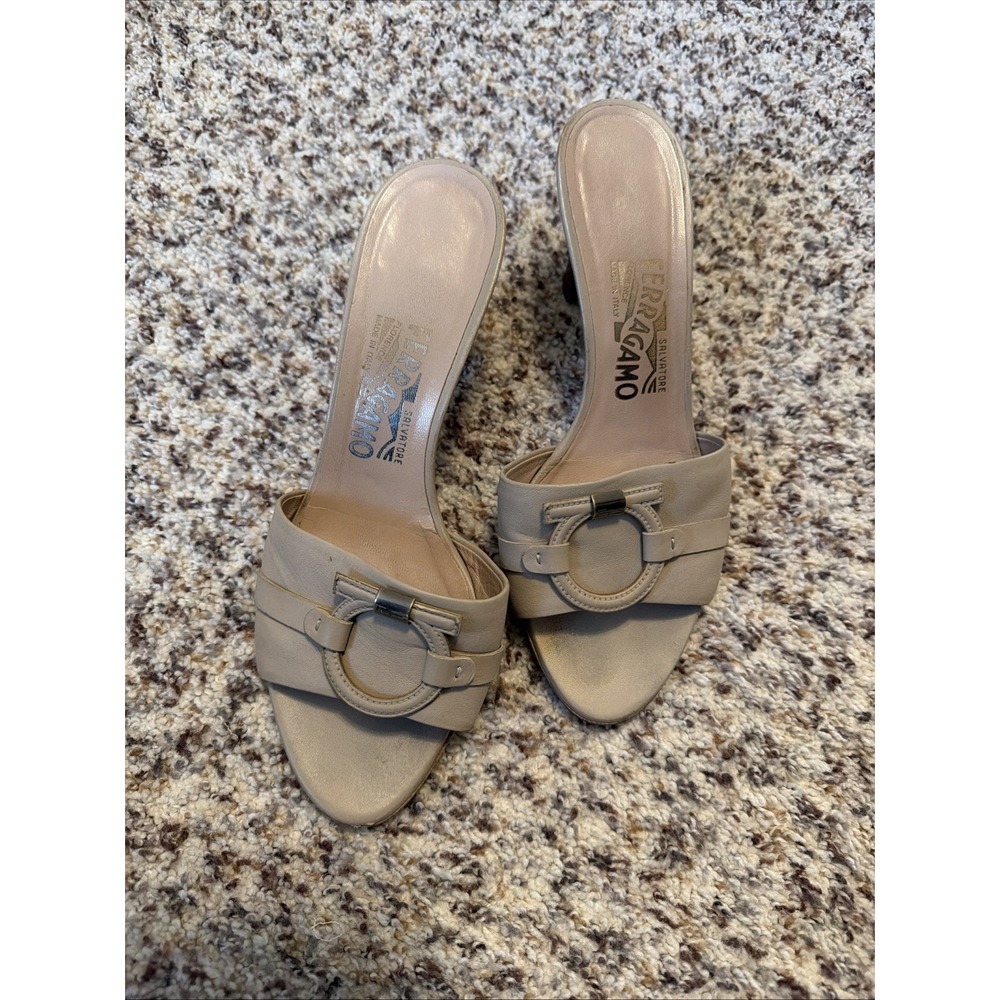 Ferragamo Womens Sz 7 Logo Slide In 3" Heels‎ Sandals Shoes